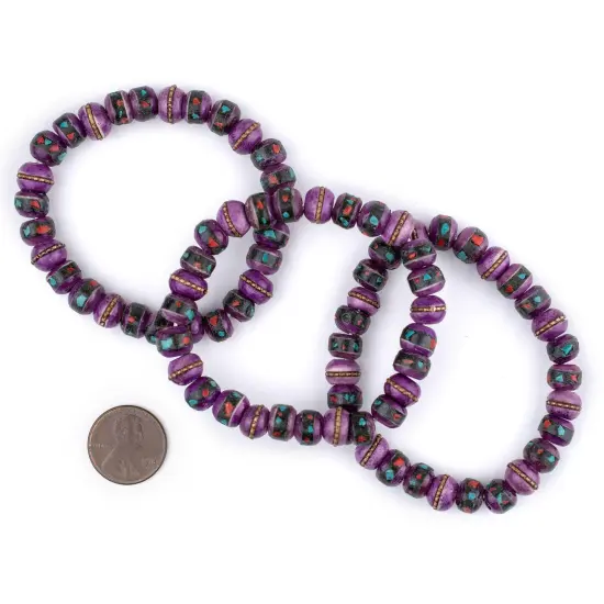 The Bead Chest Mala Stretch Bracelet, Light Purple - Stackable Nepal Bone Inlaid with Turquoise & Coral Colors, 100% Authentic and Genuine {2}