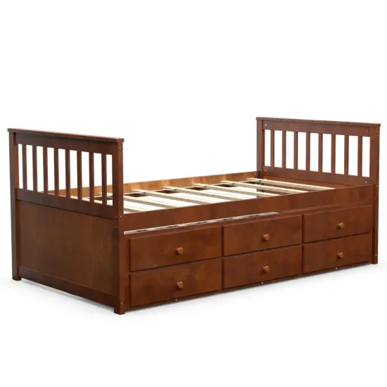 Pine Wood Twin Captain&rsquo;s Bed with Trundle and 3 Storage Drawers Walnut {7}