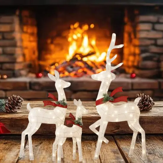 Dazzling White Cotton Thread Lighted Deer Family Set for Holiday Decor 60"+48"+32" {6}