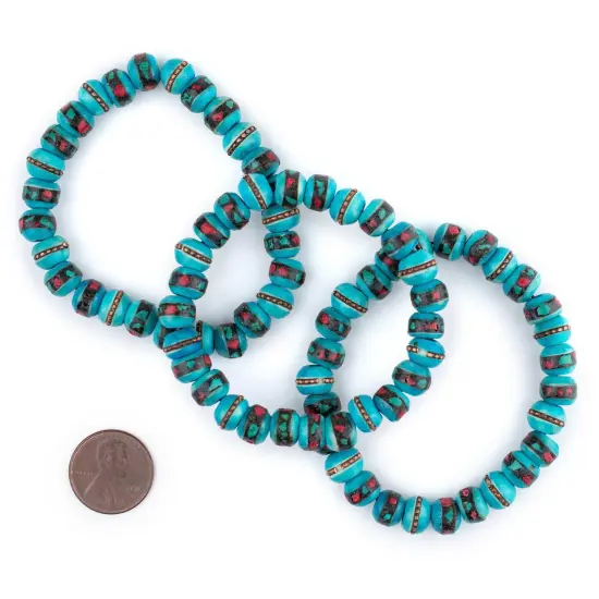 The Bead Chest Mala Stretch Bracelet, Turquoise Blue - Stackable Nepal Bone Inlaid with Turquoise & Coral Colors, 100% Authentic and Genuine {2}
