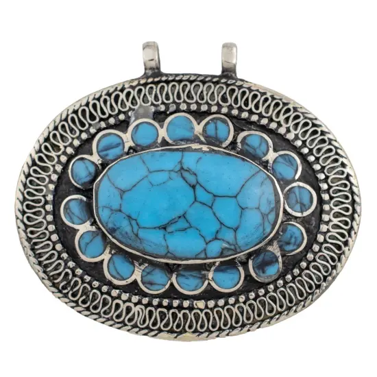 The Bead Chest Turquoise Blue Oval Inlaid Afghan Silver Pendant 58x51mm Afghanistan White Metal Large Hole {1}