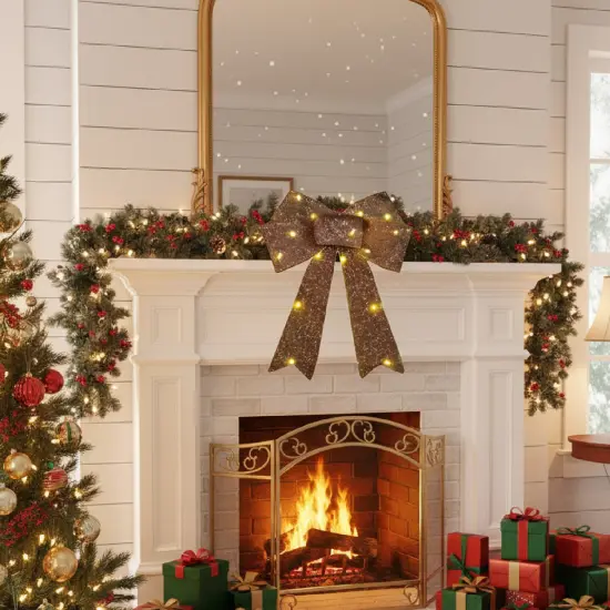 3 Pieces Pre Lit Xmas Bows Battery Operated Holiday Home Decor {4}