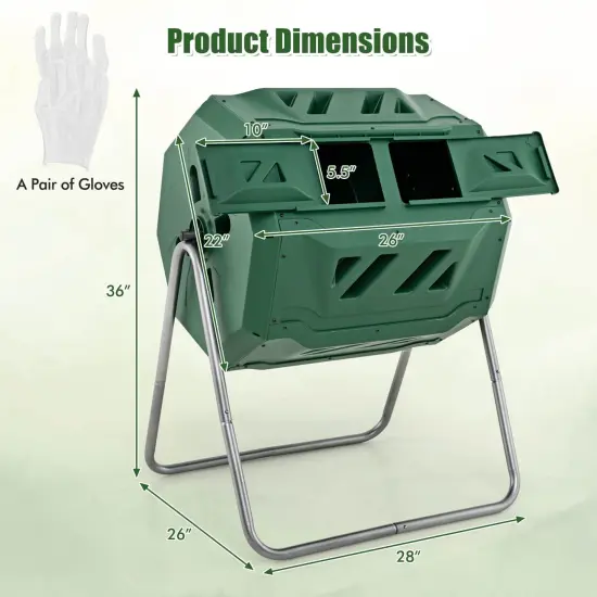 Costway 42-Gal Compost Bin Dual Chamber Composting Tumbler with 2 Sliding Doors Metal Frame Black/Green {3}