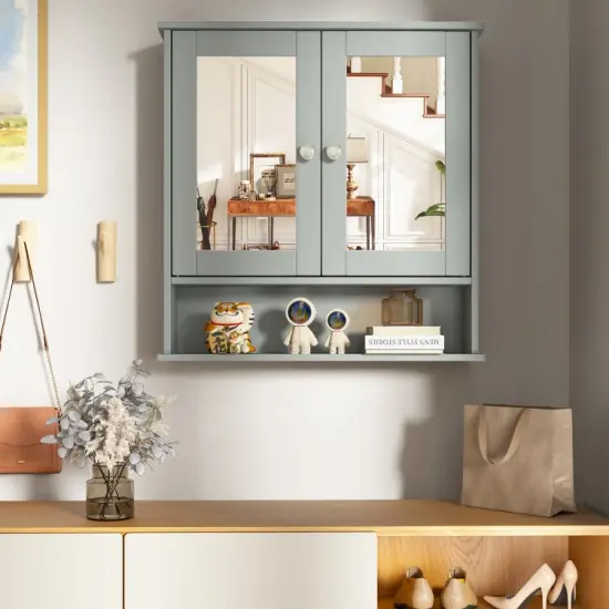 Wall Cabinet with Double Mirror Doors Adjustable Shelf Storage for Bathroom and Bedroom Grey {4}