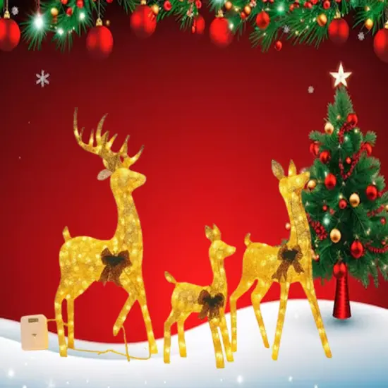 Three Deer Figures, Champagne Cotton Thread, Holiday Decoration 52" + 46" + 29" {2}