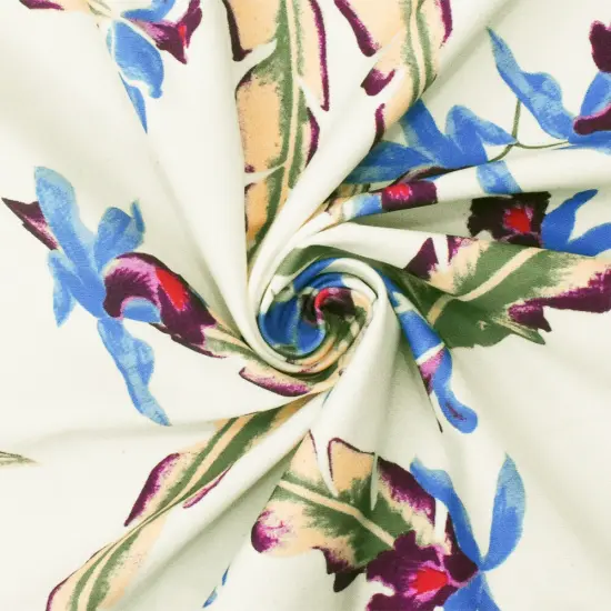 Ivory-Blue-Multi Floral Printed Stretch Nylon Tricot Knit Swimwear Fabric By the Yard {1}