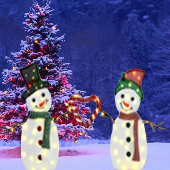 30" & 32" Lighted Heart Snowmen Set of Two Christmas Yard Figures {2}
