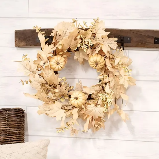 Light Beige-Brown Fabric Fall Leaves Wreath with Foam Berries and Pumpkins {2}