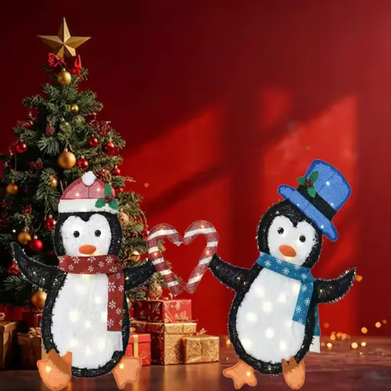 Set of Two Penguins Figurines, Heart-Shaped Decorative Indoor Outdoor 30 and 32 Inch {1}