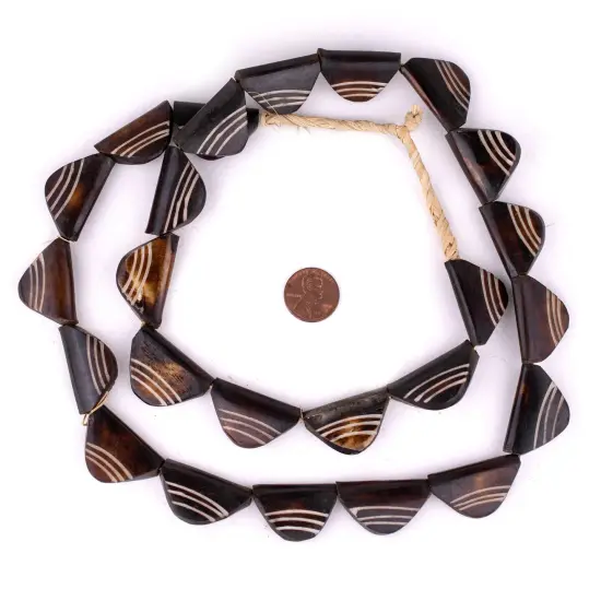 The Bead Chest Triangular Batik Bone Beads: Brown Carved Natural Kenyan African Beads Strung on Raffia, Full 32" Strand {2}