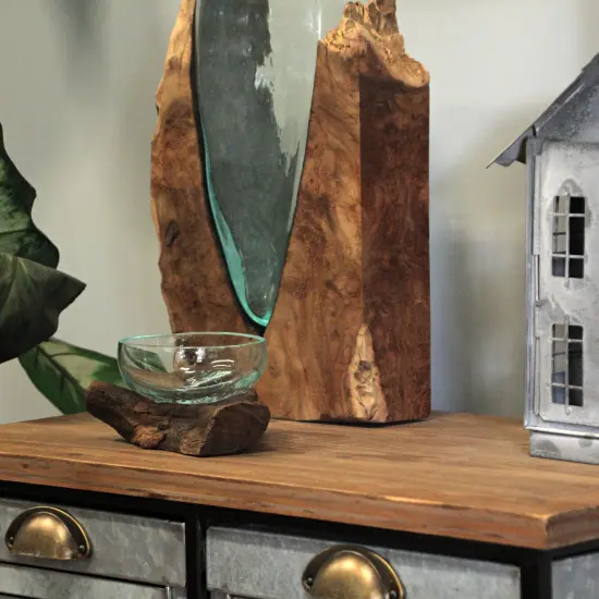 Glass and Teak Driftwood Bowl – 3.25” High Decorative Succulent Centerpiece {6}