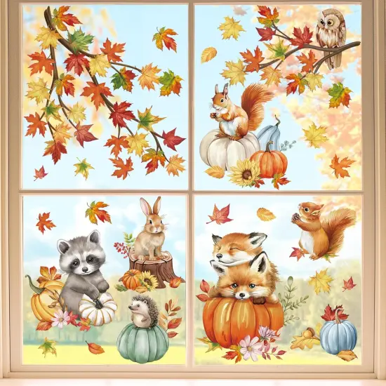 Fall Woodland Animals Window Clings Autumn Pumpkin Fox Squirrel Owl {1}