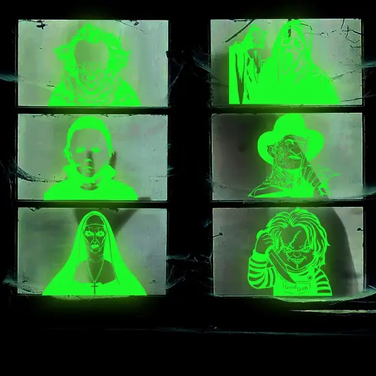 6Pcs Scary Classic Movie Characters Glowing Decals Seamless Green {4}