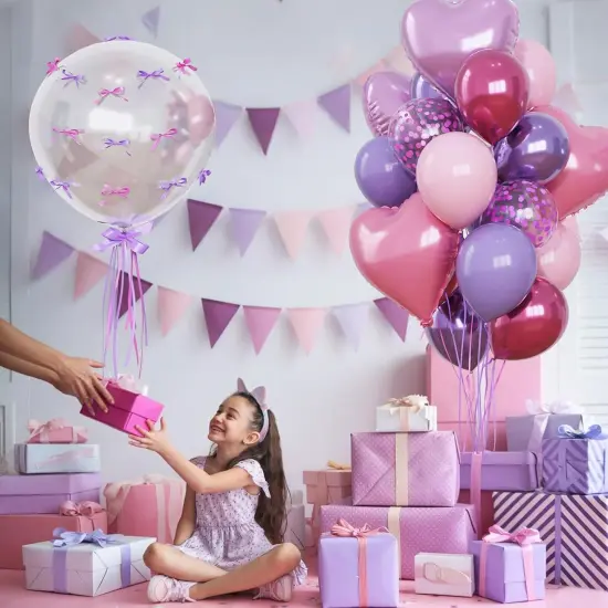 Purple and Pink Balloons Heart Balloons as Princess Birthday Party Decorations, Metallic Magenta Hot Pink Purple Confetti Balloon 18 inch Clear Heart Shape Balloon for Girls Happy Birthday Party Decor {2}