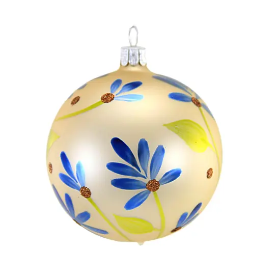 Golden Bell Collection 3.5 Inch Champagne Ball With Flowers Christmas Tree Ornament , Christmas Decor Ornament Flower Spring Blue {2}