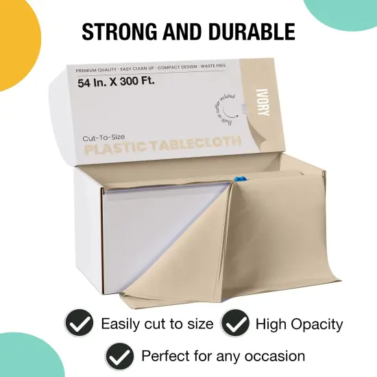  Party Solids 54" x 300' Plastic Table Cover Roll with Slide Cutter &ndash; Cut-to-Size Dispenser Box &ndash; Makes Up to 36 Disposable 8' Rectangle Tablecloths by Exquisite Ivory {3}
