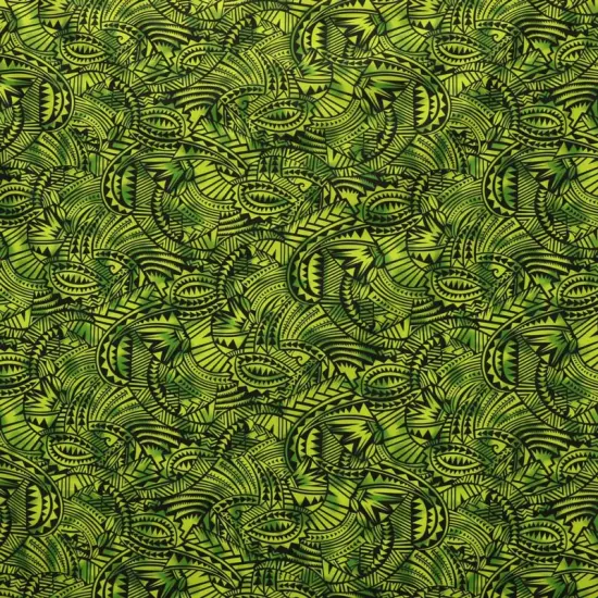 1 Yard Traditional Polynesia Tattoo All Over Fan Design Poly Cotton Fabric 45 Inch Width Green {5}