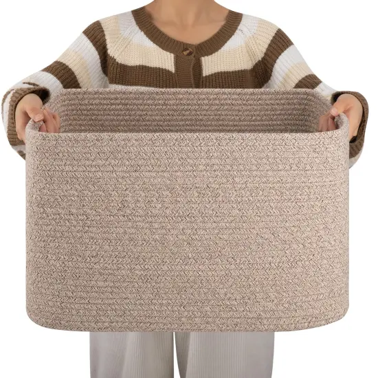 OIAHOMY Cotton Rope Basket, Rectangle Woven Nursery Blanket Basket, Toy Storage Basket with Handle, Baskets for Organizing, 18”x14”x12”, Brown variegated {1}