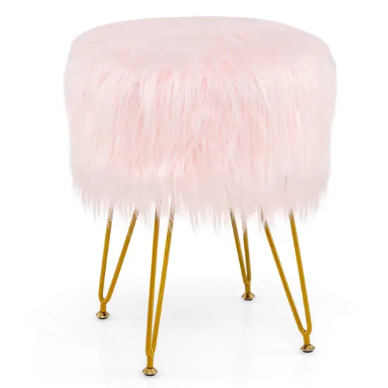 Costway Faux Fur Vanity Chair Makeup Stool Furry Padded Seat Round Ottoman Pink/White {7}