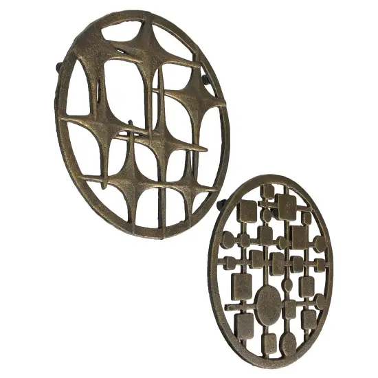 Set of 2 Cast Iron Trivets – Stars & Circles/Squares, Bronze, 8" MCM Style {3}
