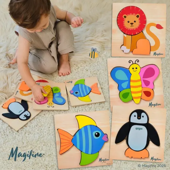 Magifire Wooden Puzzles, Set of 4 Montessori Style Toys for 1 Year Old, Toys for Toddlers 1-3, Baby Wood Toys with Chunky Pieces with Bag - Butterfly, Lion, Fish, Penguin, 6x6 inches {6}