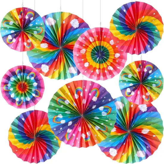 18 Pcs Rainbow Party Decorations Paper Fans Boho Classroom Bulletin Board Decor Ceiling Wall Hanging Paper Fans {1}