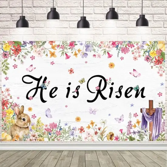 He Is Risen Backdrop Happy Easter Spring Banner Bunny Grass Jesus Cross Outdoor Indoor Front Door Wall Fence Background Decorations for Easter Festival 70.8 x 43.3 inch {1}