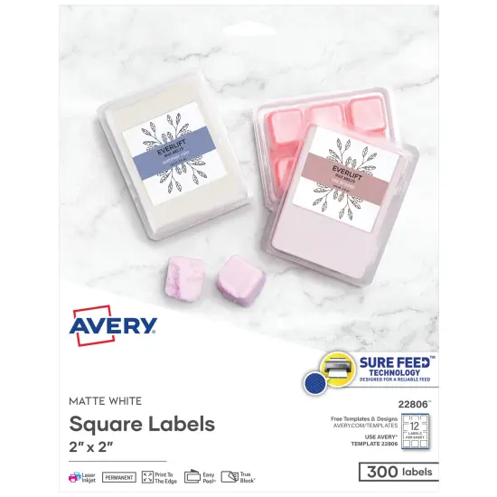 Avery Printable Blank Square Labels, 2" x 2", Matte White, 300 Customizable Labels (22806) {1}
