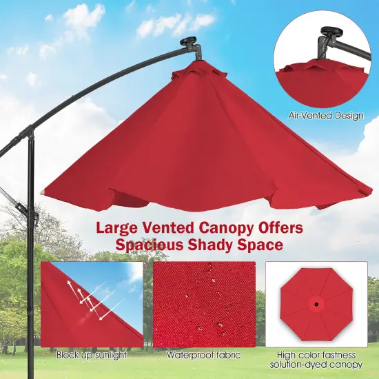Costway 10FT Cantilever Solar Powered 32LED Lighted Patio Offset Umbrella Outdoor Red\Beige\Coffee\Blue\Navy {6}