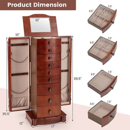 Costway Wood Jewelry Cabinet Storage Chest Stand Organizer Necklace {3}