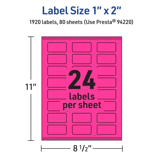 Avery Neon Magenta Paper Labels, 1" x 2" Rectangle {5}