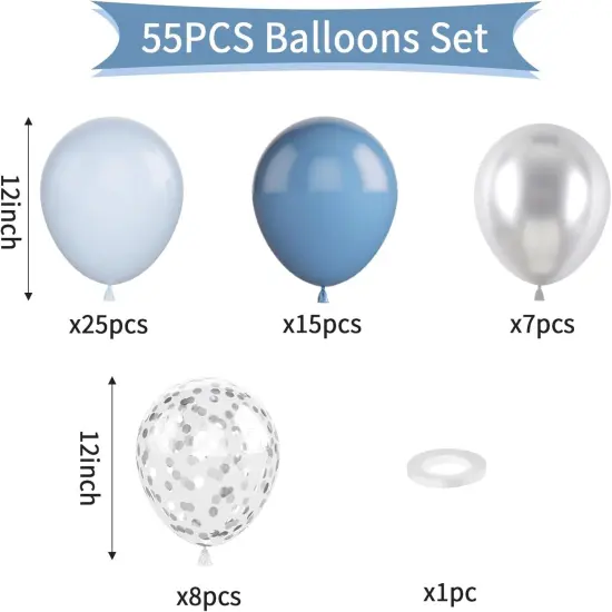 Dusty Blue Silver Balloons, 55Pcs Retro Blue Party Balloons 12 Inch Pastel Blue Latex Balloons Metallic Silver Helium Balloons Silver Confetti Balloons for Kids Birthday Party Baby Shower Wedding {2}