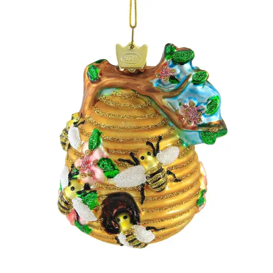 Noble Gems 3.5 Inch Beehive Tree Ornament , Worker Bee Flowers Gold {1}