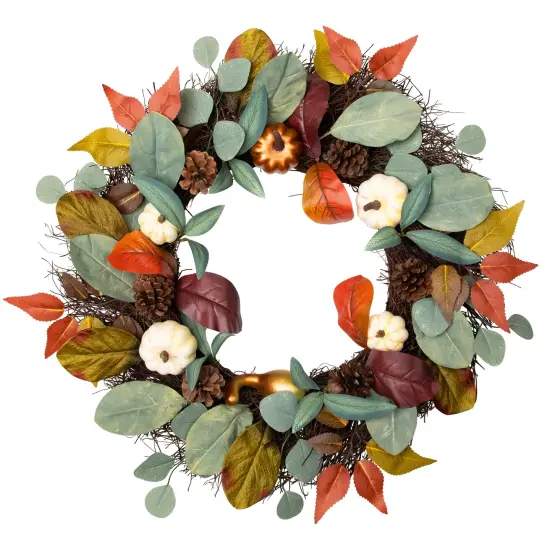 Northlight Pumpkin Pinecone and Gourd Artificial Fall Harvest Wreath - 24" Green {3}