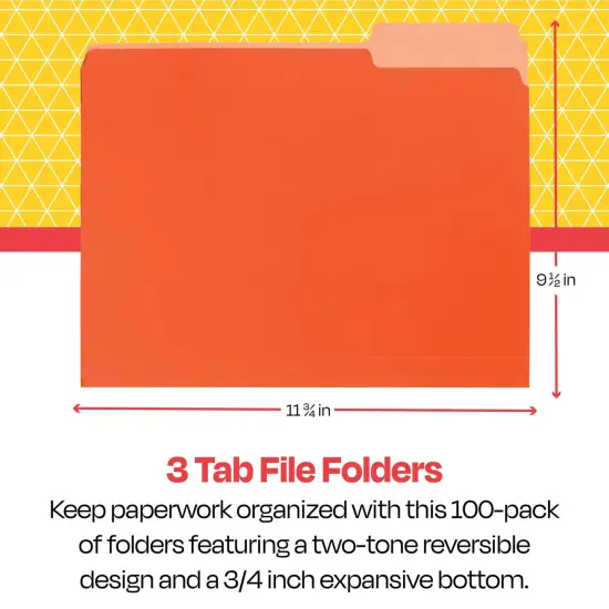 School Smart Colored File Folders Two-Tone, Letter Size, 1/3 Cut Tabs, Orange, Pack of 100 {7}