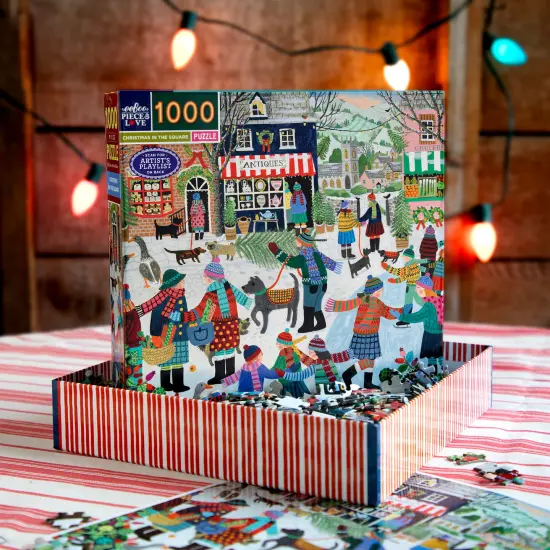 eeBoo Piece & Love: Christmas in the Square - 1000 Piece Puzzle, 23" Square Adult Jigsaw, Cozy Small Town Holiday Winter Scene, Image Reference Insert {5}