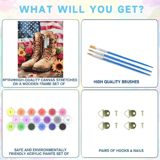 Independence Day Paint by Numbers Kit for Adults,4 of July Adult Paint by Number Kits on Canvas,Boots Painting by Number Kit DIY Acrylic Oil Painting Perfect for Gift Home Wall Decor(16x20inch) {5}