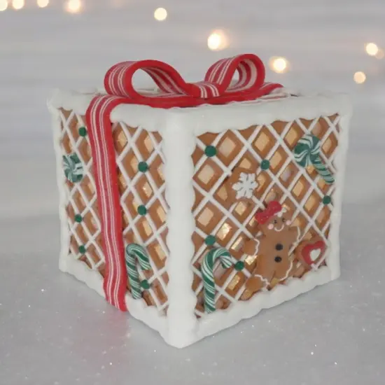 7.9" Gingerbread Candy Gift Box Christmas Decoration with Bow - Red {4}