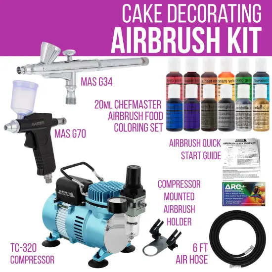 Deluxe Cake Decorating Airbrushing System Kit with 2 Gravity Feed Airbrushes, Set of 12 Food Colors, Dual Fan Air Compressor - How To Guide {2}