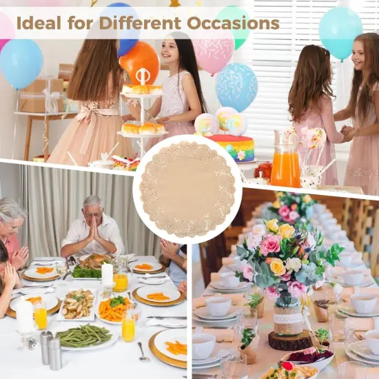 100 Pcs Round Paper Doilies, 13.5" Kraft Paper Placemats with Lace Edges, Disposable Decorative Place Mats, Paper Dining Table Pads {4}