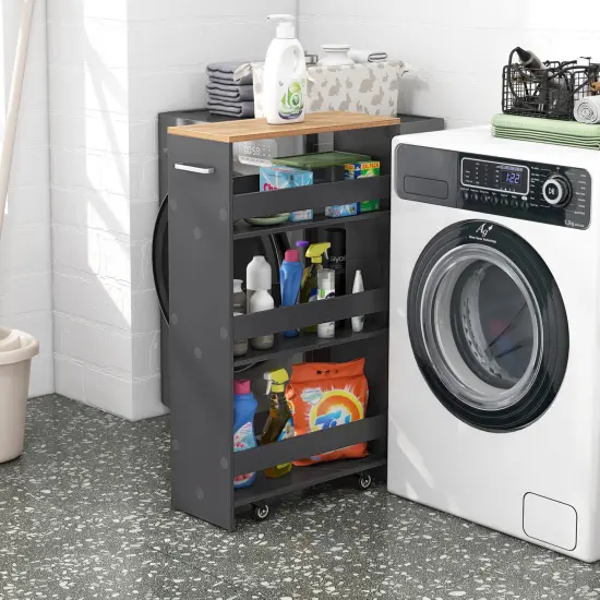 4-Tier Rolling Storage Cart Slim Kitchen Cart on Wheels with Open Shelves and Handle Grey {6}