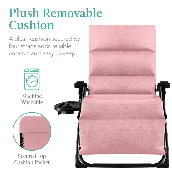 Best Choice Products Oversized Zero Gravity Chair, Folding Recliner w/ Removable Cushion, Side Tray Pink {2}
