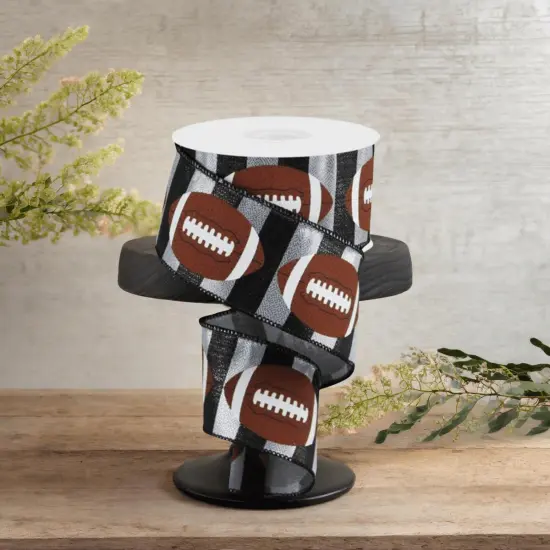 2.5" Footballs On Stripe Ribbon: Black & Silver (10 Yards) {5}