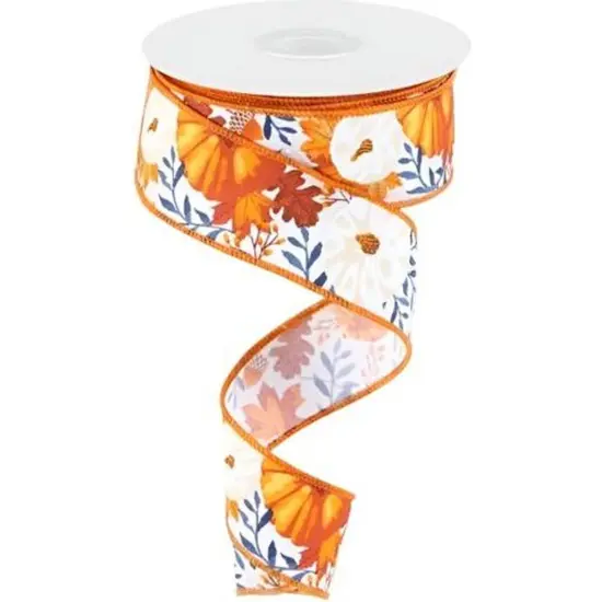 1.5" Pumpkin Foliage Ribbon: White/Navy (10 Yards) {1}
