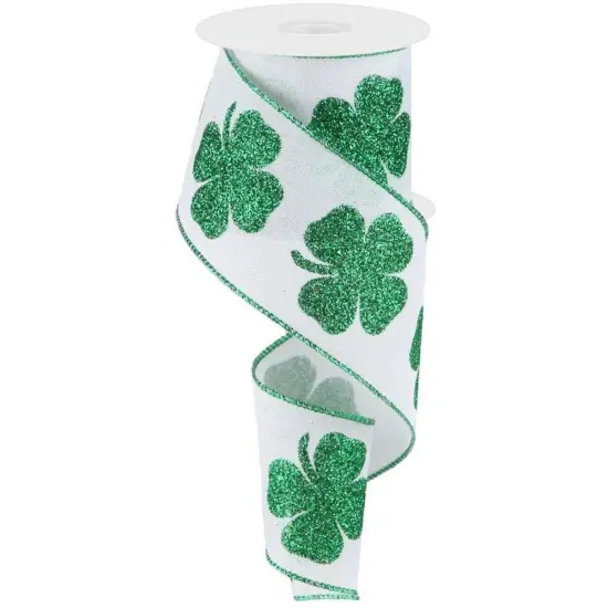 2.5" Bold Glitter Clover Ribbon: White/Green (10 Yards) {1}