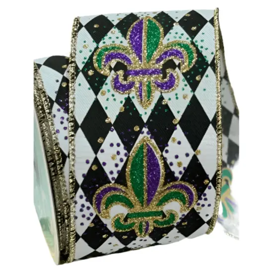 2.5" Fleur De Lis Harlequin Ribbon: Mardi Gras (10 Yards) {3}