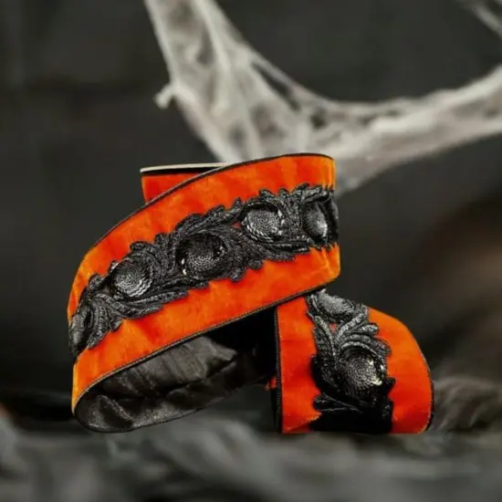 4" Velvet Black Floral Sequin Ribbon: Orange (5 Yards) {4}