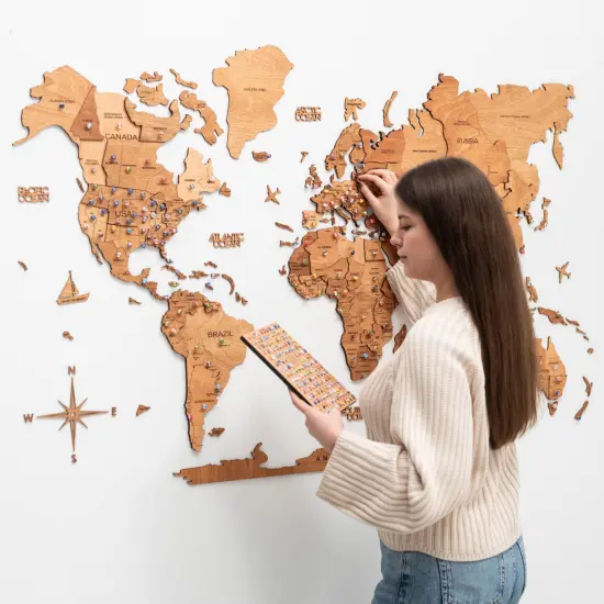 Living Room Decor, 3D World Map Wall Art Oak color, Travel Map, Housewarming Gift for the Home, Enjoy The Wood {2}