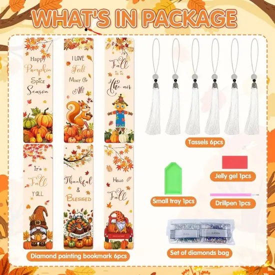 6 Pcs Autumn Themed Diamond Painting Bookmarks Pumpkin {3}