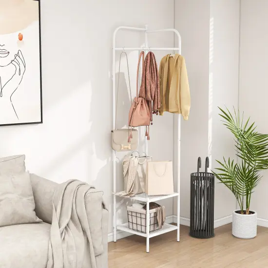 Corner Coat Rack with Top Hanger and 2 Mesh Shelves for Entryway White {6}